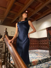Load image into Gallery viewer, Olivia Midi Dress Navy Blue Charmeuse
